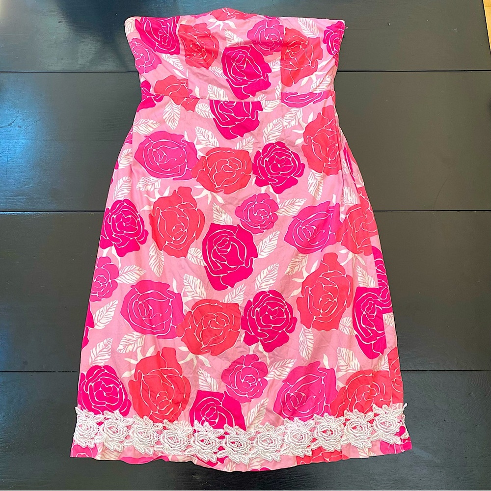 Lilly Pulitzer Cabbage Rose Floral Strapless Dress Pink and White Size 12